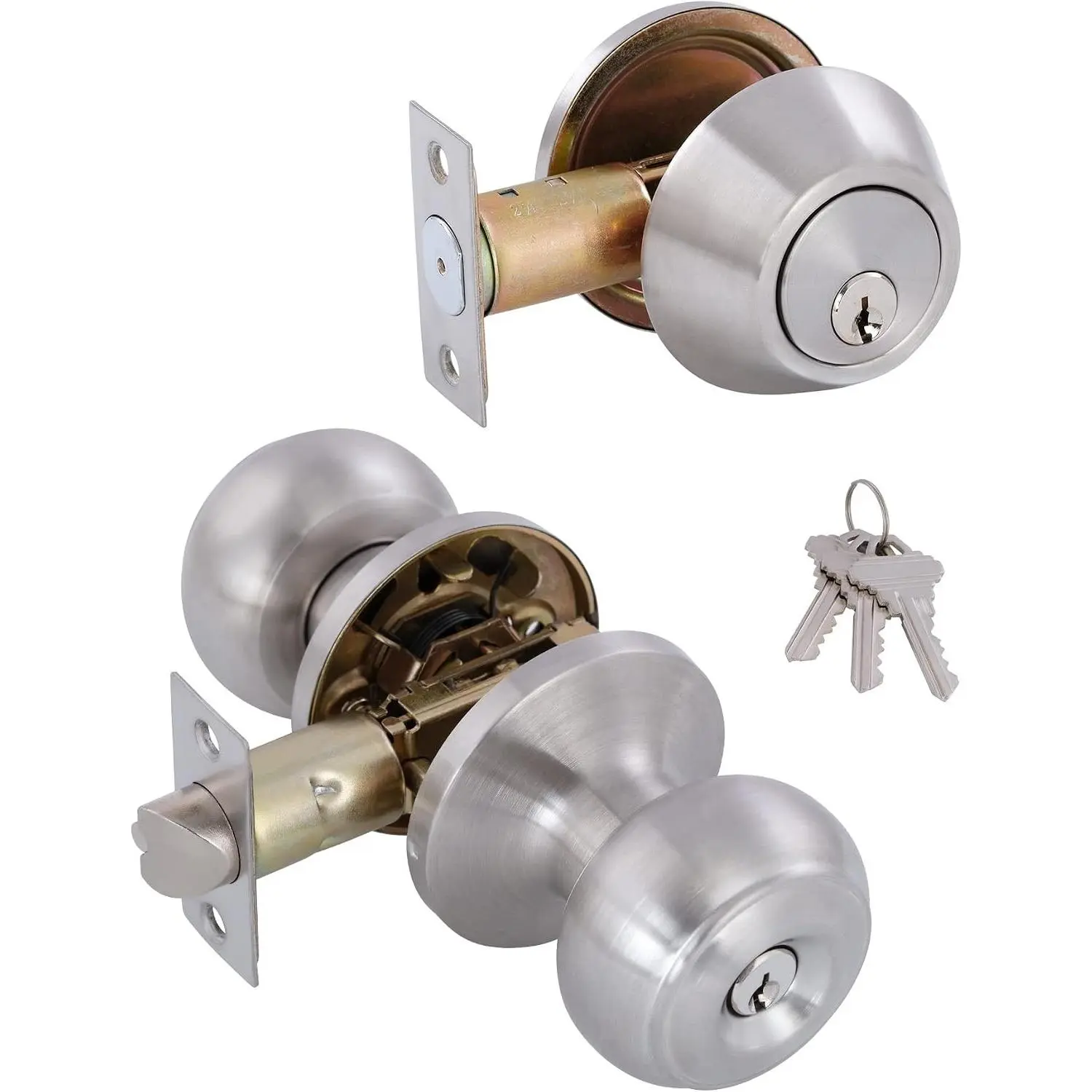 Identical Keyed Deadbolt Lock & Door Knob Combo Keys Set - Single Cylinder Lock, Classic Satin Nickel Exterior Knobs for Entrance, Front Doors