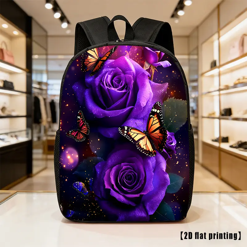 The Purple Rose Butterfly Is a Spacious, Unisex Backpack That Is Lightweight And Features Adjustable Shoulder Straps And Side Pockets. It Is Perfect for Everyday Use, Commuting, And Various Activities. This Backpack Is Great for Hiking, Climbing