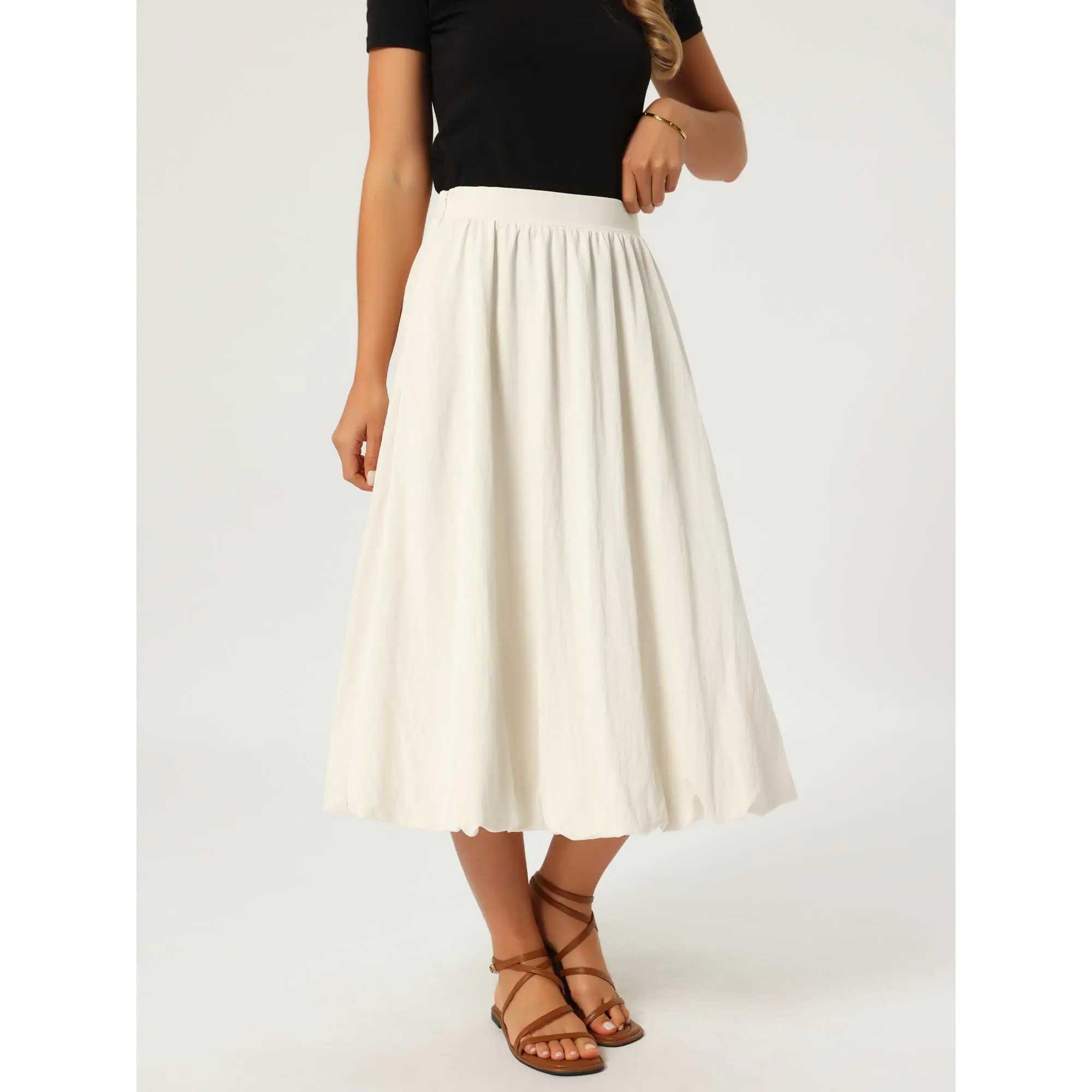Women'S Bubble Skirt Elastic Waist Ruffle Flowy Y2K Puffy Hem Casual A Line Midi Skirts with Pockets