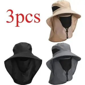 Unisex 3 Pack Wide Brim Mesh Fisherman Hats, UPF Anti UV Lightweight Coastal Caps With Adjustable Chin Strap for Hiking, Outdoor And Daily Wear In Brown, Black And Gray summervibes☀️