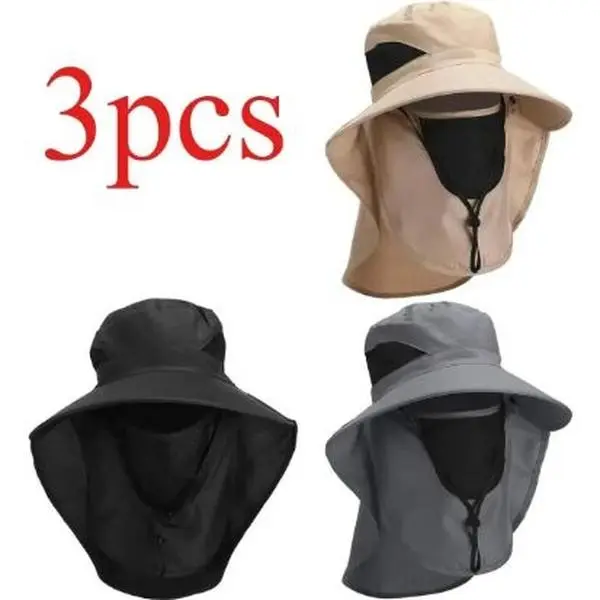 Unisex 3 Pack Wide Brim Mesh Fisherman Hats, UPF Anti UV Lightweight Coastal Caps With Adjustable Chin Strap for Hiking, Outdoor And Daily Wear In Brown, Black And Gray