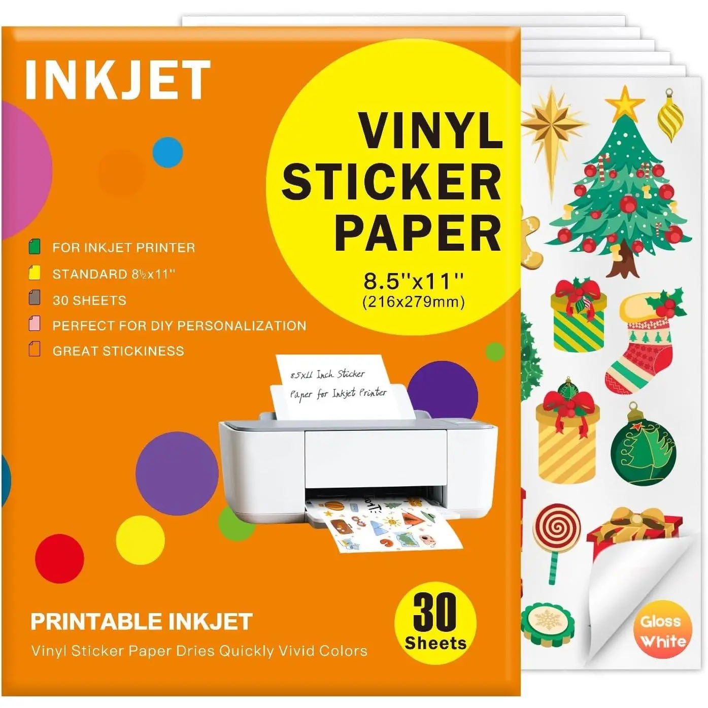 Printable Vinyl Sticker Paper for Inkjet Printers, Glossy White | Quick-Drying,  Colors,  and -Resistant, Designed for Cricut and Silhouette Cutters, 8.5X11 Inch 30 Sheets