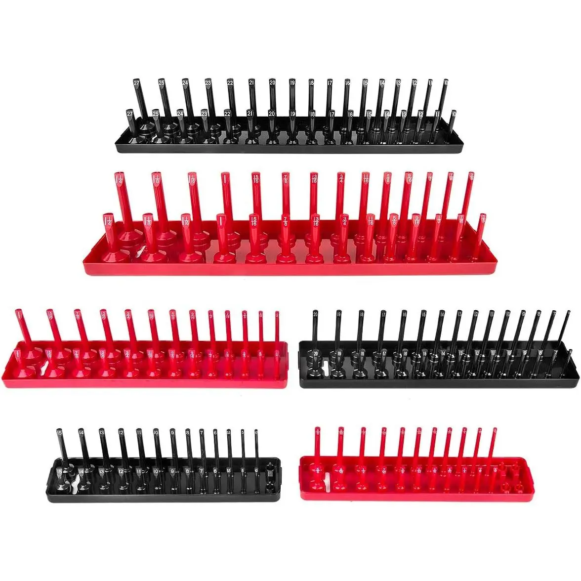 6 count Socket Organizer Tray Set, Red SAE & Black Metric Socket Storage Trays, 1/4-Inch, 3/8-Inch & 1/2-Inch Drive Deep and Shallow Socket Holders for Toolboxes