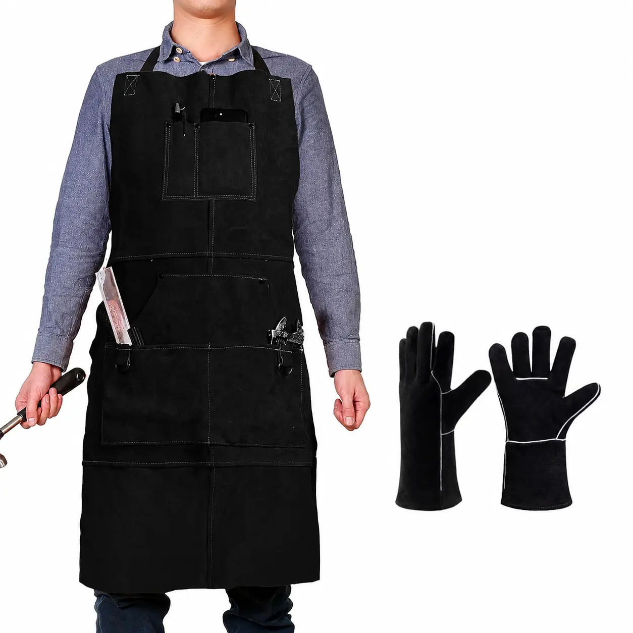Leather Welding Apron with 6 Pockets - Heat & Flame-Resistant Apron, 24'' X 42'', Adjustable M to XXXL (Black)