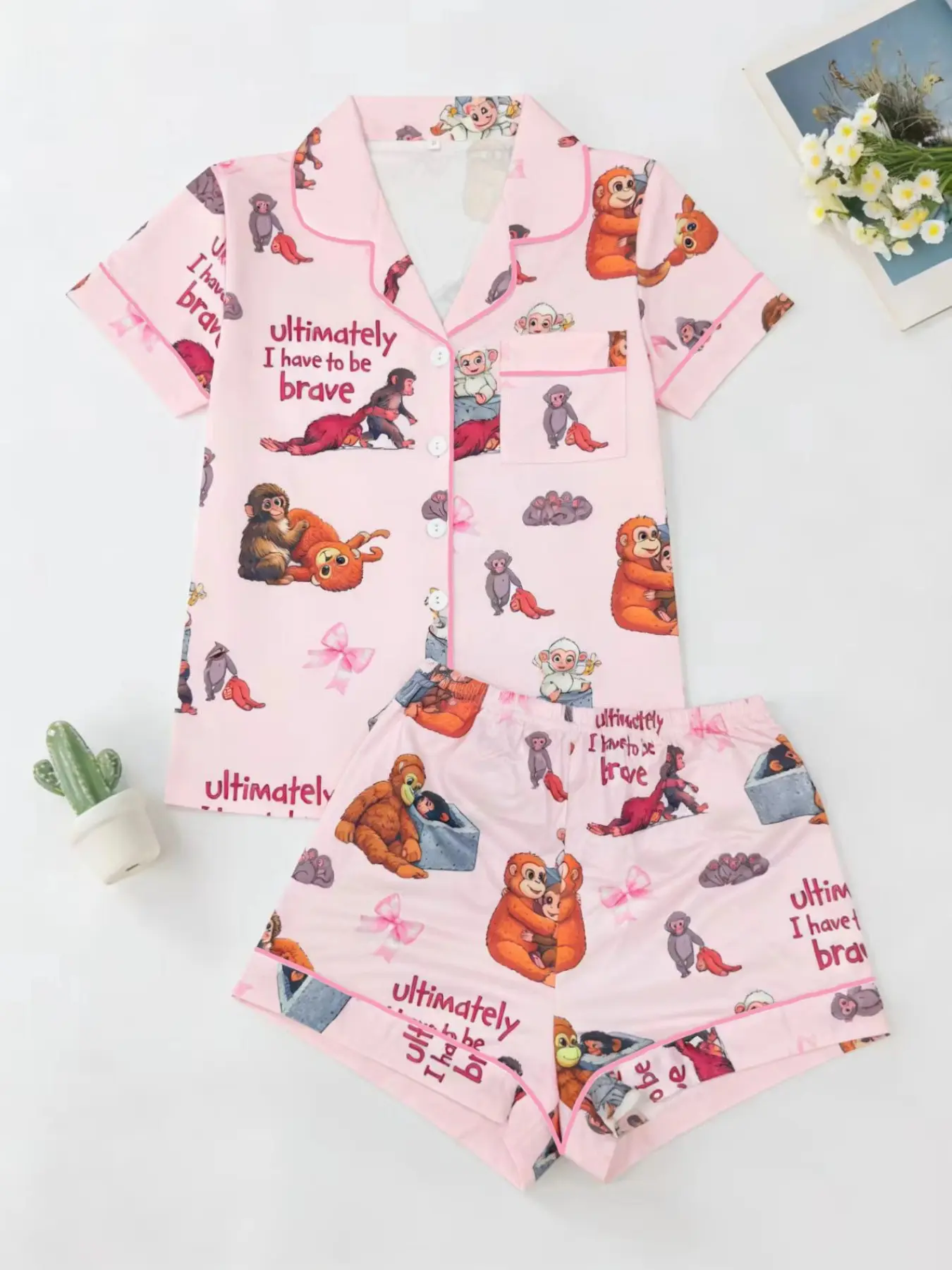 Women's Cartoon Monkey Print Pajama Set, Soft Smooth Fabric, Comfortable Loose Fit, Butterfly Pattern, Short Sleeve Top and Shorts