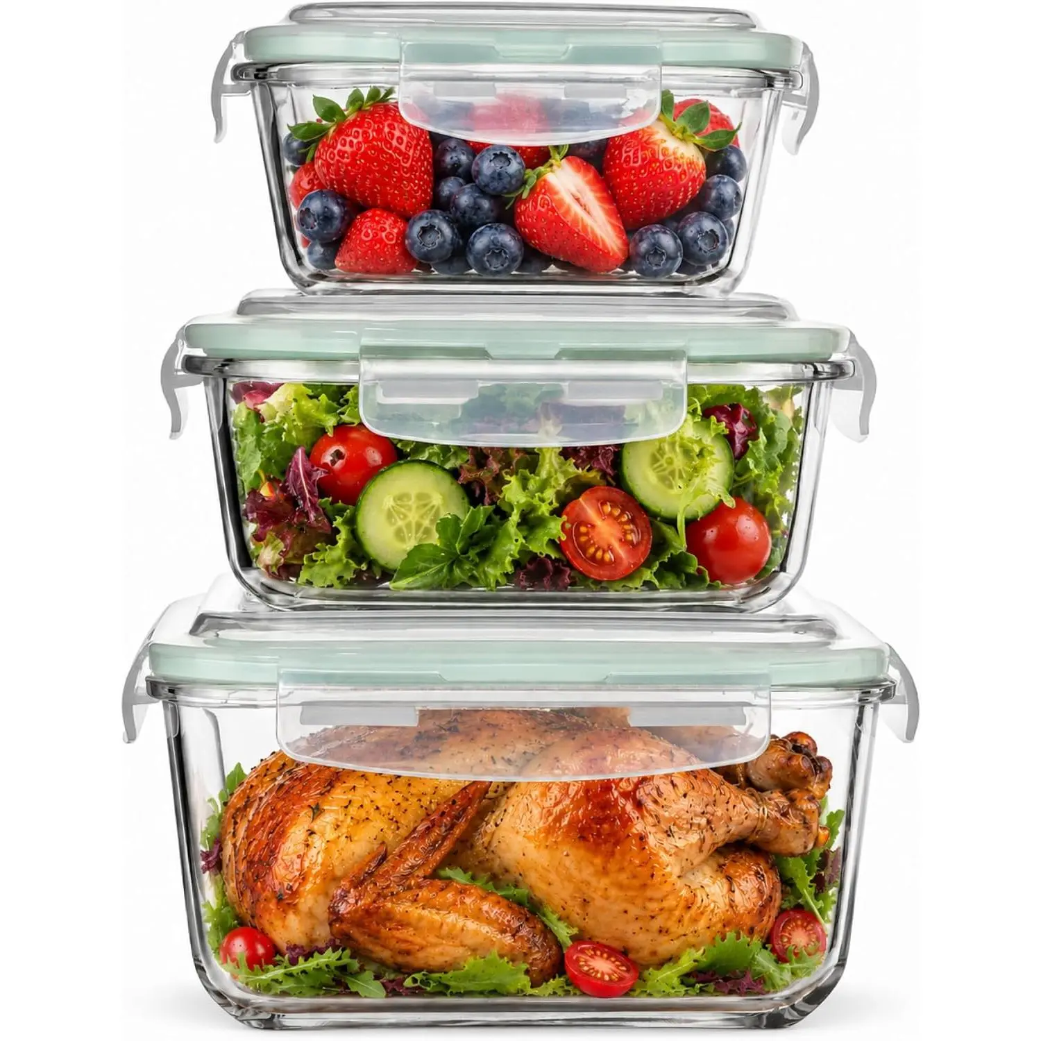 6 count Square Glass  Storage Containers with Airtight  (74, 40 & 18 oz) Kitchen Glass Meal Prep Containers Set for Freezer  Leftover Lunch Boxes, Oven, Microwave, Dishwasher Safe