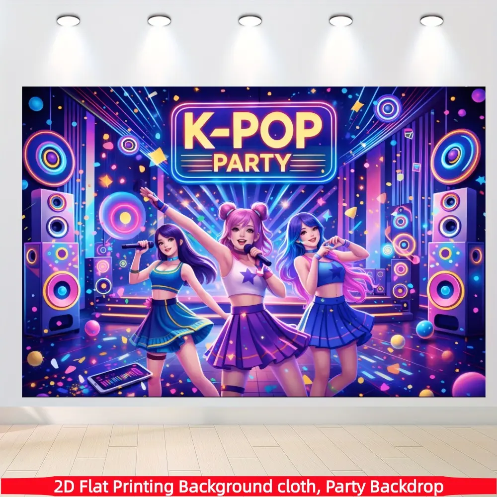 1PC 2D flat K-POP party neon stage backdrop, girl group music party photography backdrop, birthday party decoration, photo photo backdrop, indoor theme party decoration, Birthday Themed Backdrops, polyester material