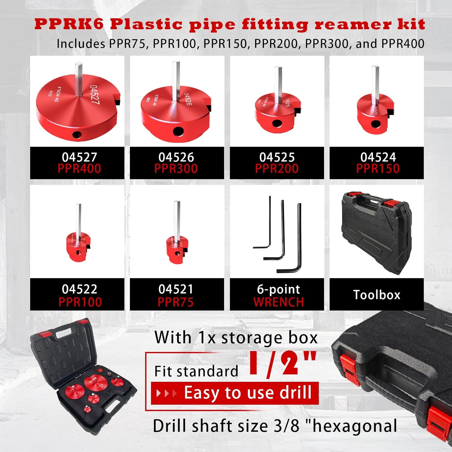 04529 for PPRK6 Plastic Pipe Fitting Reamer, PVC Reed Pipe Reamer Kit Contains 3/4",1",1-1/2",2",3",4"   Fit into Standard 1/2" Drill for CPVC, PPR or ABS