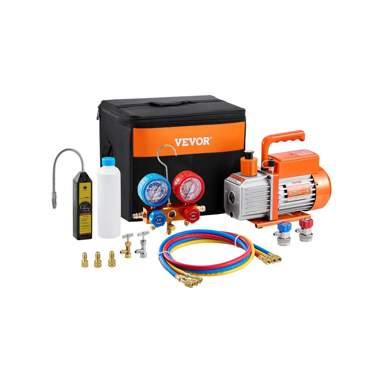 VEVOR 4.5 CFM Single-Stage Rotary Vane HVAC Vacuum Pump & Gauge Kit, 3-Color Hose HVAC Toolset with Leak Detector, Advanced Cooling System, Built-In Filtration System for R134a, R12, R22, R502a, R410A, R404, R407C A/C Refrigerant Maintenance, 1 Set