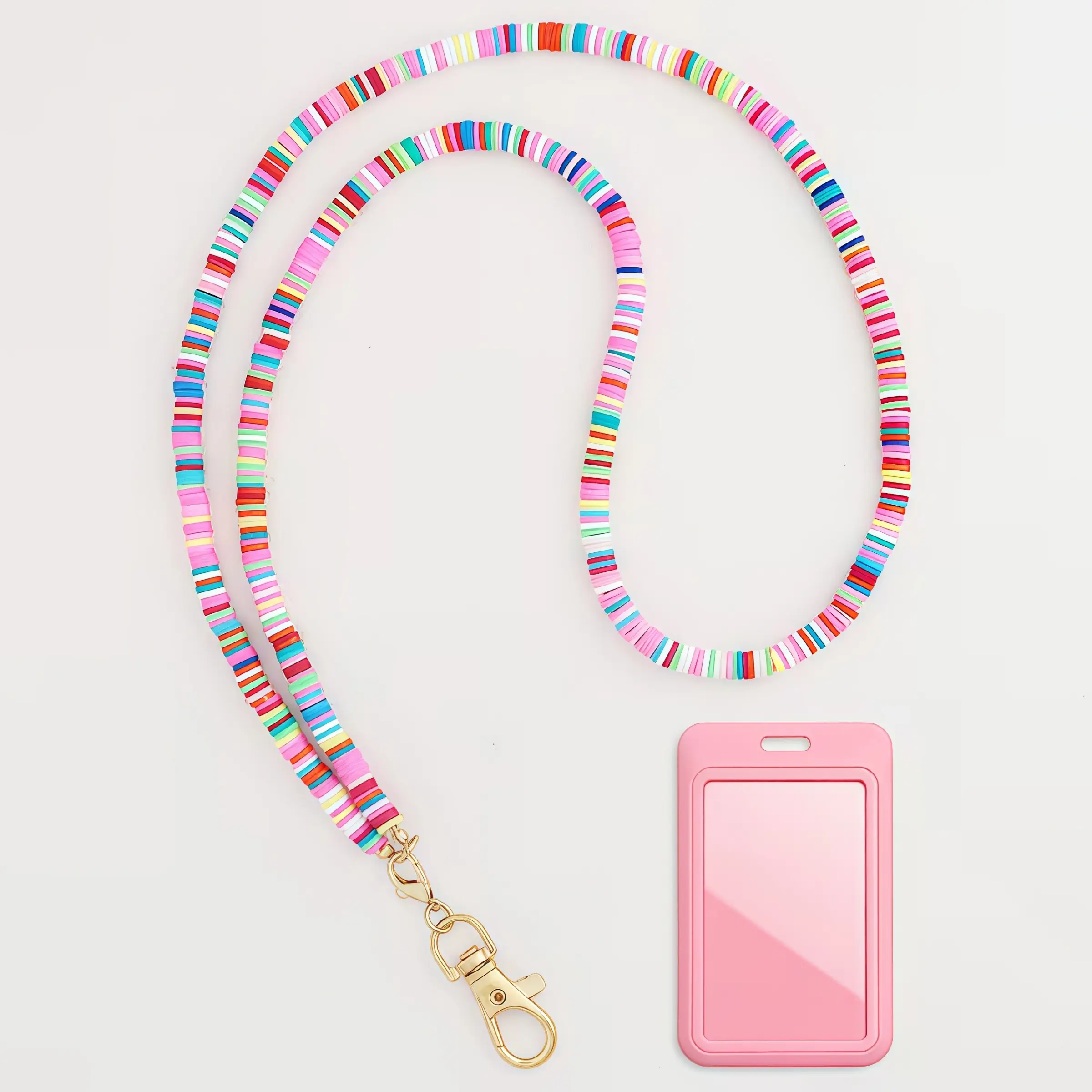 Colorful Flat Polymer Bead Lanyard, Ideal for ID Card Holders, Lanyards With Id Holder, Lanyard For Id Badge, Name Tag Lanyards, Keys, Keychains, Includes ID Card Holder, Perfect Gift for Teachers, Office Staff