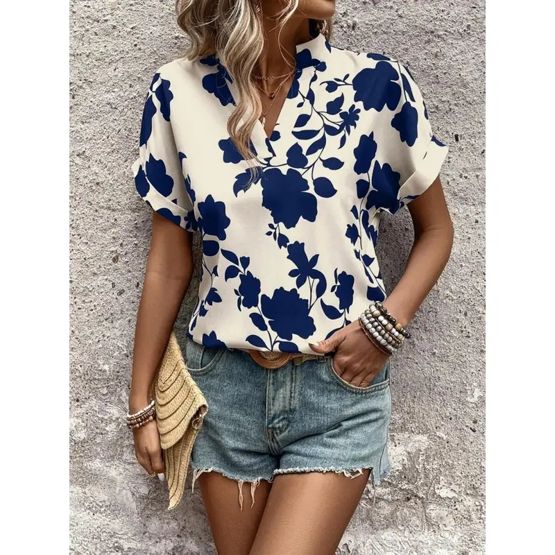 Summer Women's New Fashion Vacation Casual Commute Stand Collar Short Sleeve Slimming Shirt, Leaf Print Holiday Top, Blouse