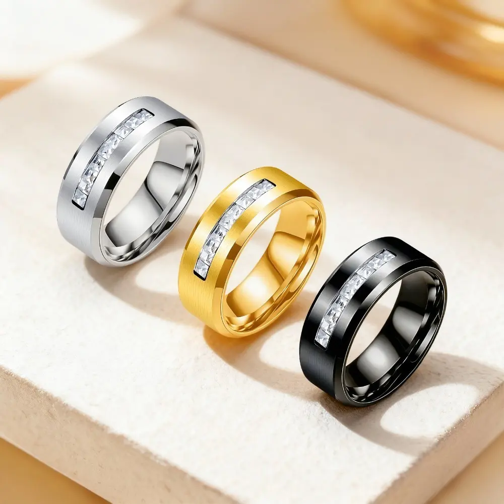 Eco-Friendly Engagement Rings, 8mm Bold Metallic Titanium Steel Round Band for Couples with 9 Inlaid Stones, Unisex Wedding Set, Couple Rings, 9-Stone