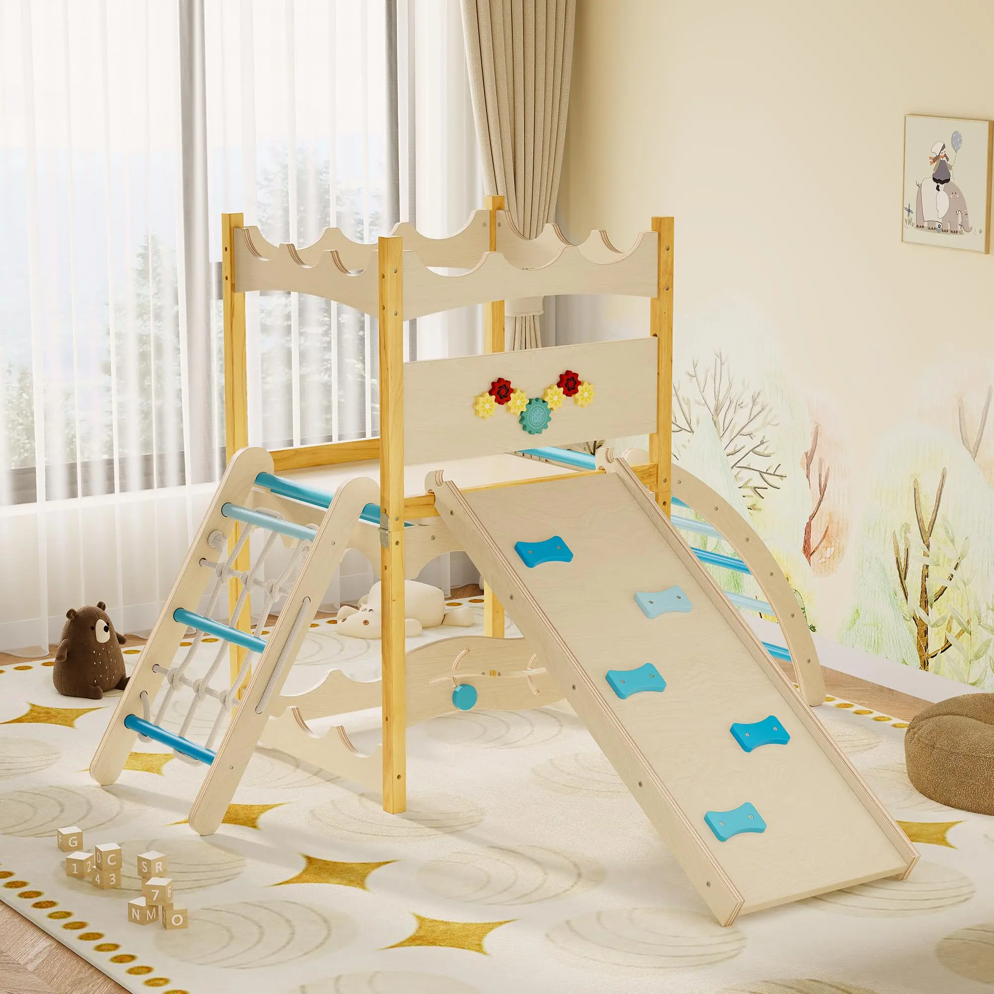 6-in-1 Wooden Toddler Play Gym – Foldable Indoor Climber with Slide. Swing & Rock Wall! Safe Fun for Ages 18M-5Y 🧸✨