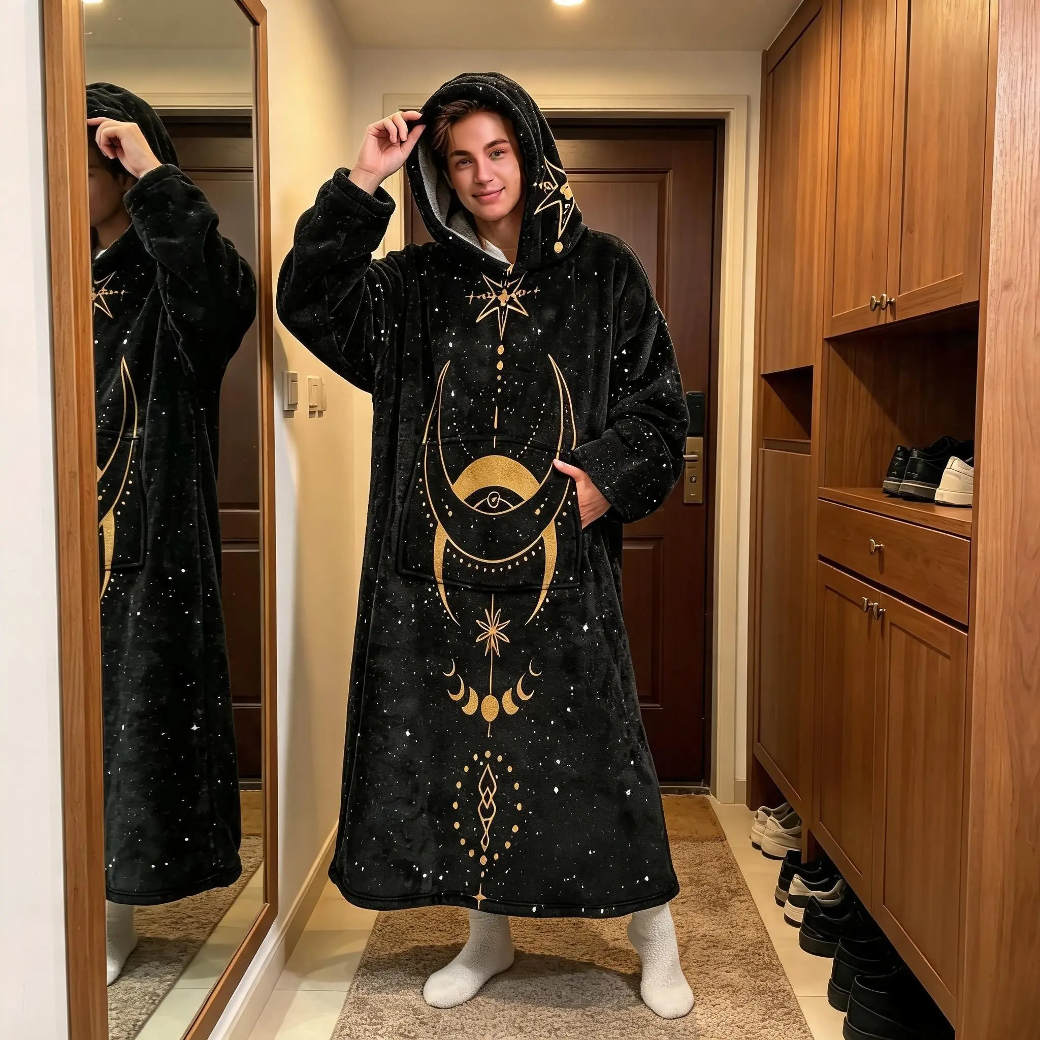 1pc Flannel Hooded Wearable Blanket, Gold Star Moon Magic Totem, Long Cozy Blanket with Large Pockets, Perfect for Holidays