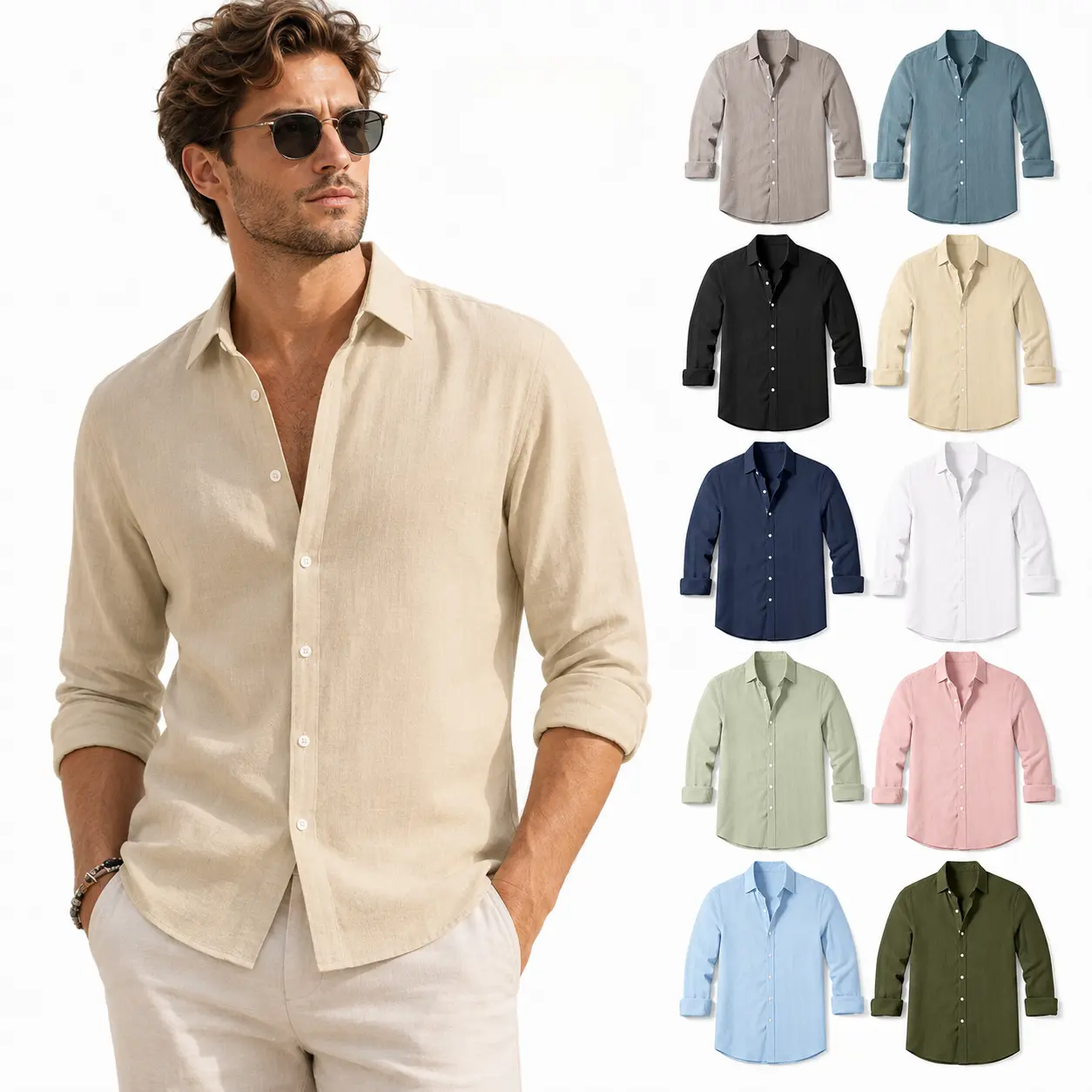 Men's Slim-Fit Long-Sleeve Collared Plain Button-Down Shirt - Lightweight, Breathable Menswear Casual Top for Summer Beach Use