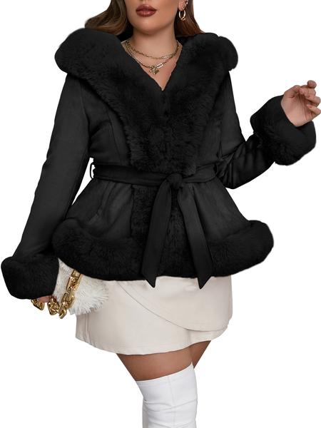 Women's Winter Warm Elegant Faux Fur Patchwork Coat, Plus Size Commuter Casual Hooded Woolen Overcoat with Belt, Long Sleeve