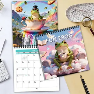 The 2027 fun anthropomorphic frog aesthetic design foldable wall calendar features a large grid layout for 12 months, monthly photos, and a closed design. It's perfect for home, office, and everyday planning, making it an ideal gift for Christmas and New