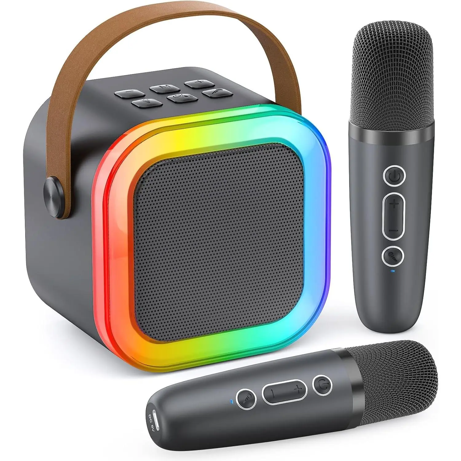 Portable Bluetooth Karaoke Microphone Singing Speaker with 2 Mic and Light, Studio Audio Monitors for All Smartphones,Birthday, Family,Home Party