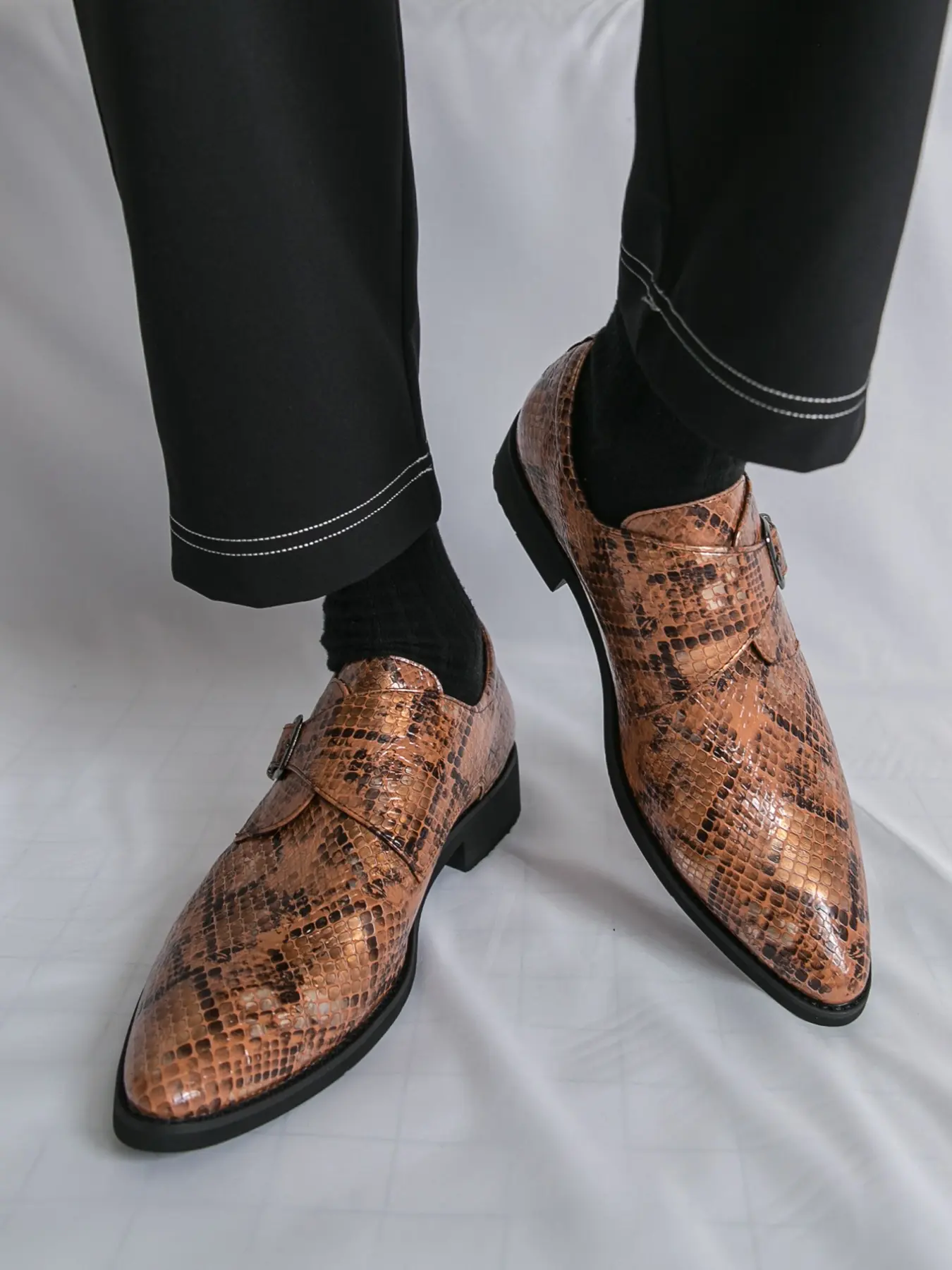 Men's New Monk Shoes, Colorblock Snake Print, Breathable Anti-Slip, Trendy Business Casual, Party Nightclub Commute Shoes