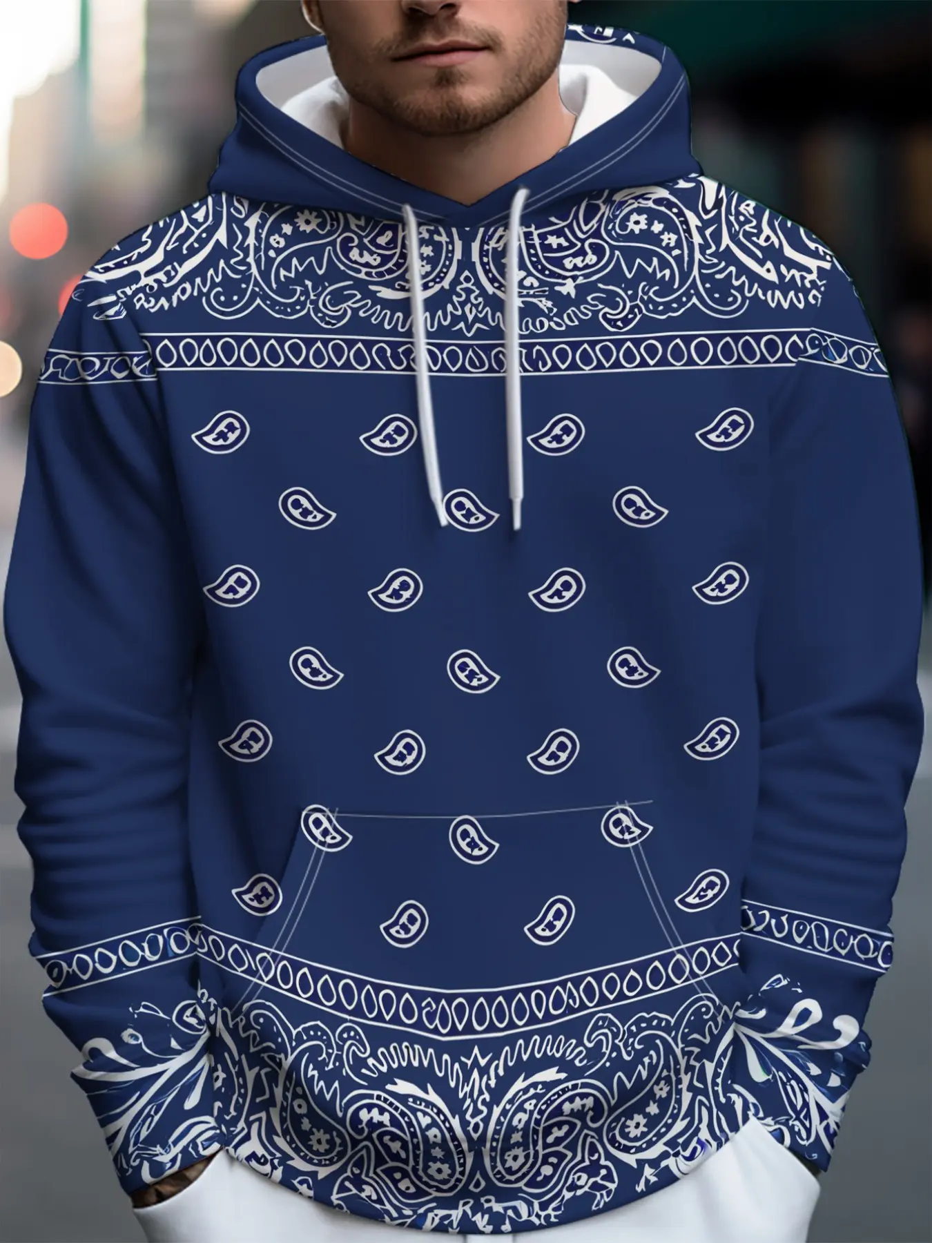 Hip Hop Mens Hoodie, Vintage Paisley Pattern All Over Print Long Sleeve Drawstring Sweatshirt Casual Urban Tops