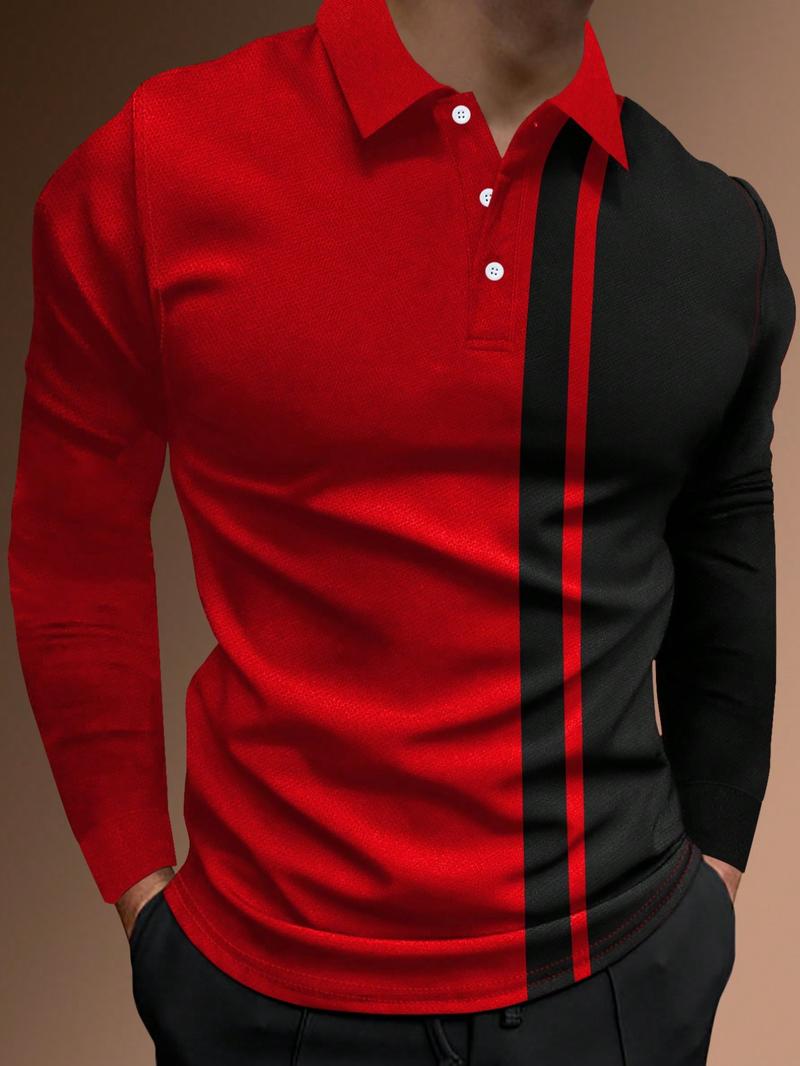 Men's Patchwork Print Half Button Fitted Polo Shirt, Regular Fit Casual Longsleeves Collared Top, Polo Shirts Men, Fall Outfits, Fall Going Out Tops, Men's Clothing, Polo Tees, Fashion Men's Clothes for Daily Wear, Menswear, Golf Colorblock Polo Shirt