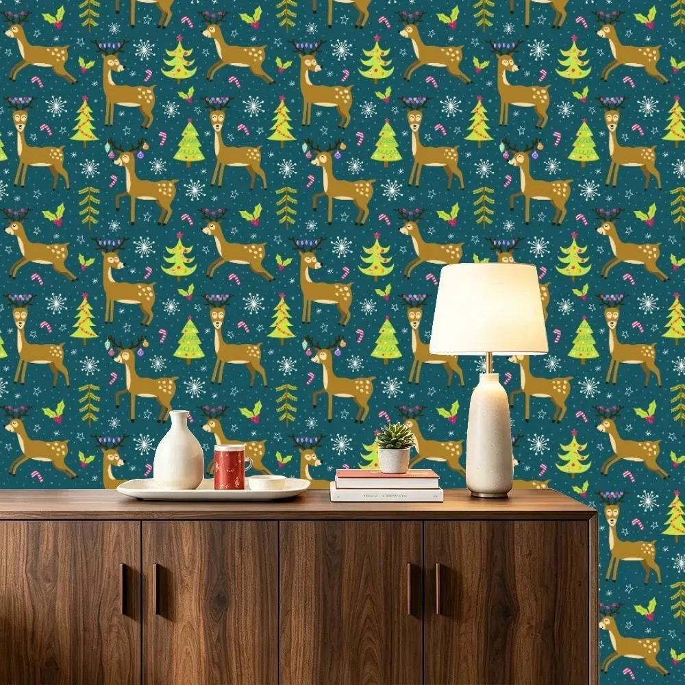 Reindeer Christmas Tree Wallpaper, Nordic Style, Peel and Stick, Removable, for Living Room, Kitchen, Bedroom, Stain Resistant