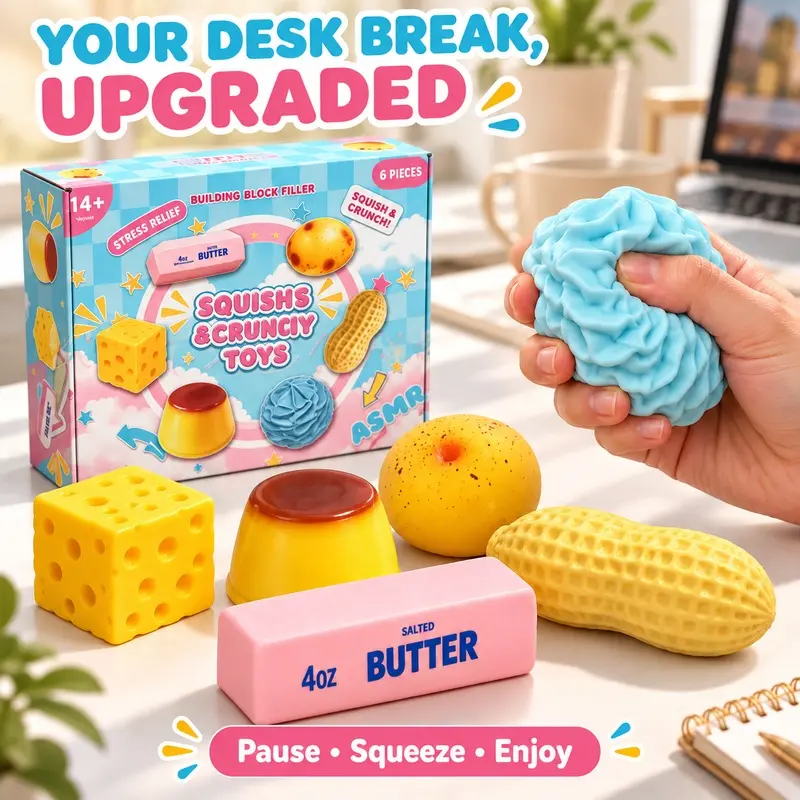 6Pcs Crunchy Food Squishy Fidget Toys, Realistic Snack-Inspired Sensory Squeeze Set with Cheese, Butter, Pudding, Bread, Spiral Ball and Peanut Shapes, Satisfying ASMR Stress Relief Toys for Adults, Office Relaxation and Daily Fidget Fun.