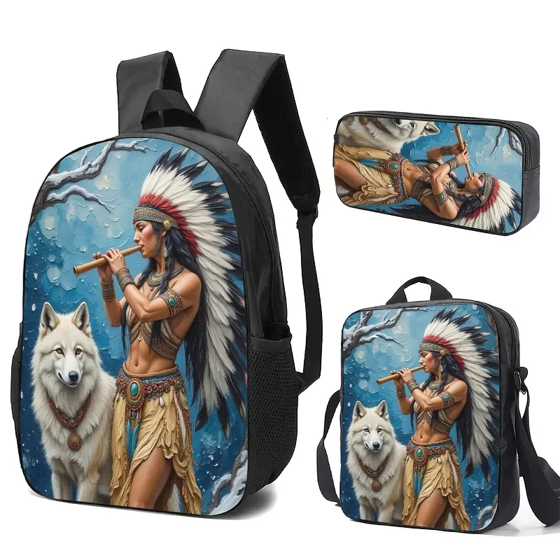 Custom 3D Printed Backpack Set with Pencil Case & Lunch Bag, Native American Flute Player & White Wolf Design, Adjustable Straps, Large Capacity, Durable High-Res Print for Daily Use or Travel (Sports & Outdoor Gym Bag Accessory), Custom Backpack