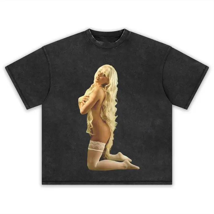 Vintage Long Blonde Hair Kneeling Woman Pin-Up Style Portrait Graphic Vintage Washed Oversized Heavyweight Cotton Short Sleeve T-Shirt / Sleeveless Tank Top, Unisex Retro Y2K Urban Streetwear Apparel