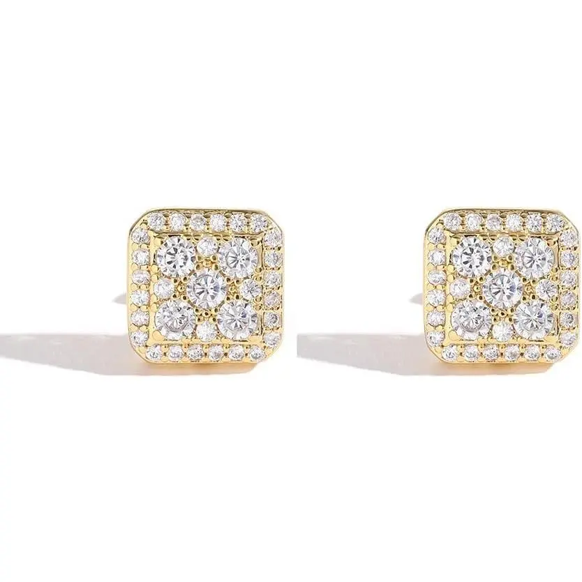 Plated Square Screw  Stud Earrings CZ Iced Out Earing Studs for Men Women