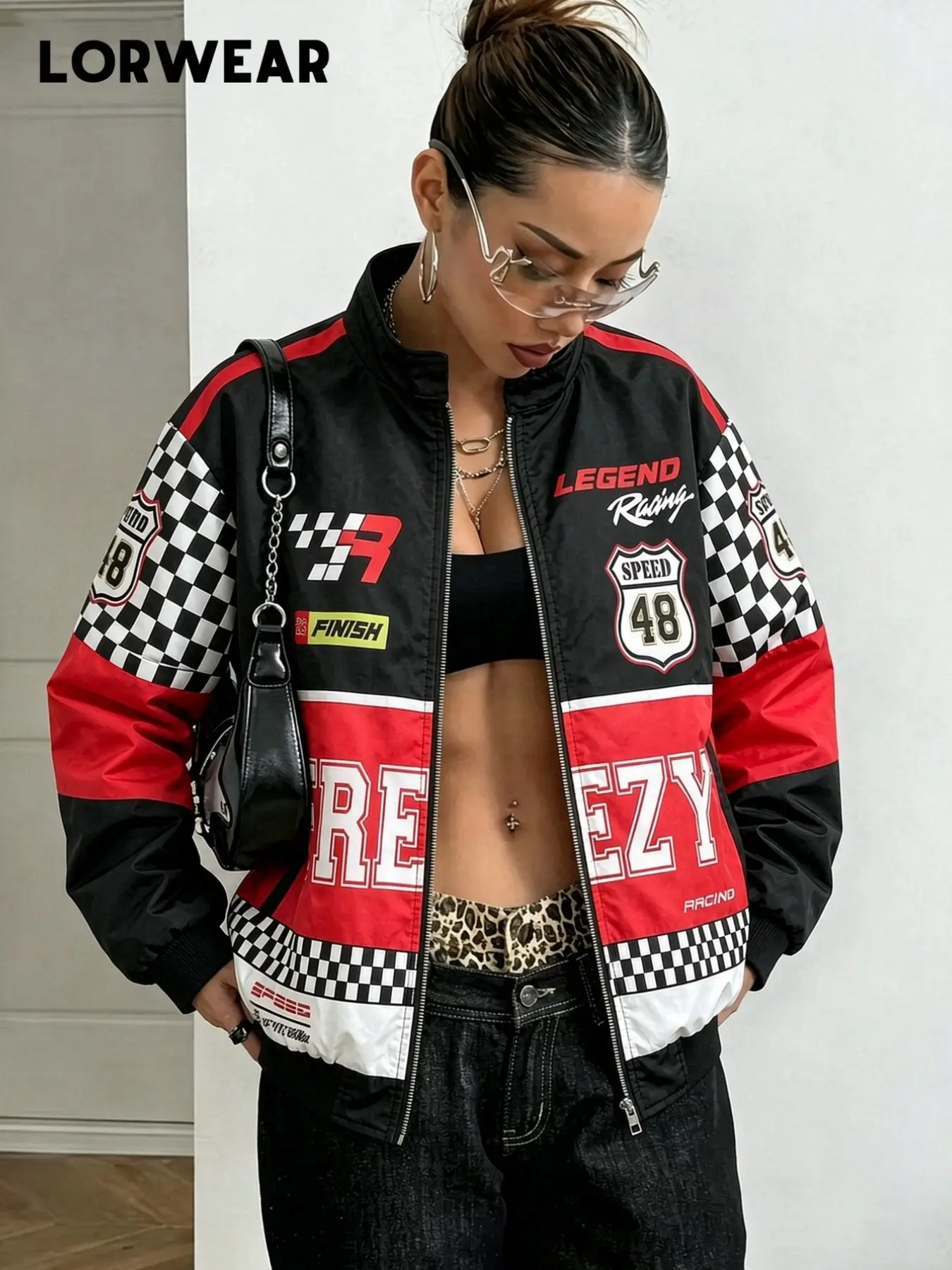 Women's Y2K Retro Motorcycle Jacket, Block, Checkered Patchwork, Letter Print, Stand Collar Zipper, Millennial Style