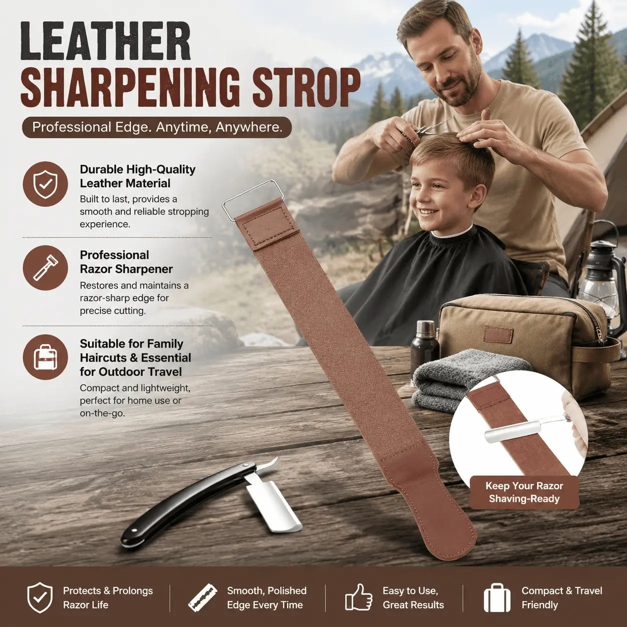 Professional Leather Strop for Straight Razors & Knives - Essential Sharpening Tool for Barbers, Chefs & Outdoor Enthusiasts. Portable & Durable Strop Kit with Storage Case for Razor and Knife Care.