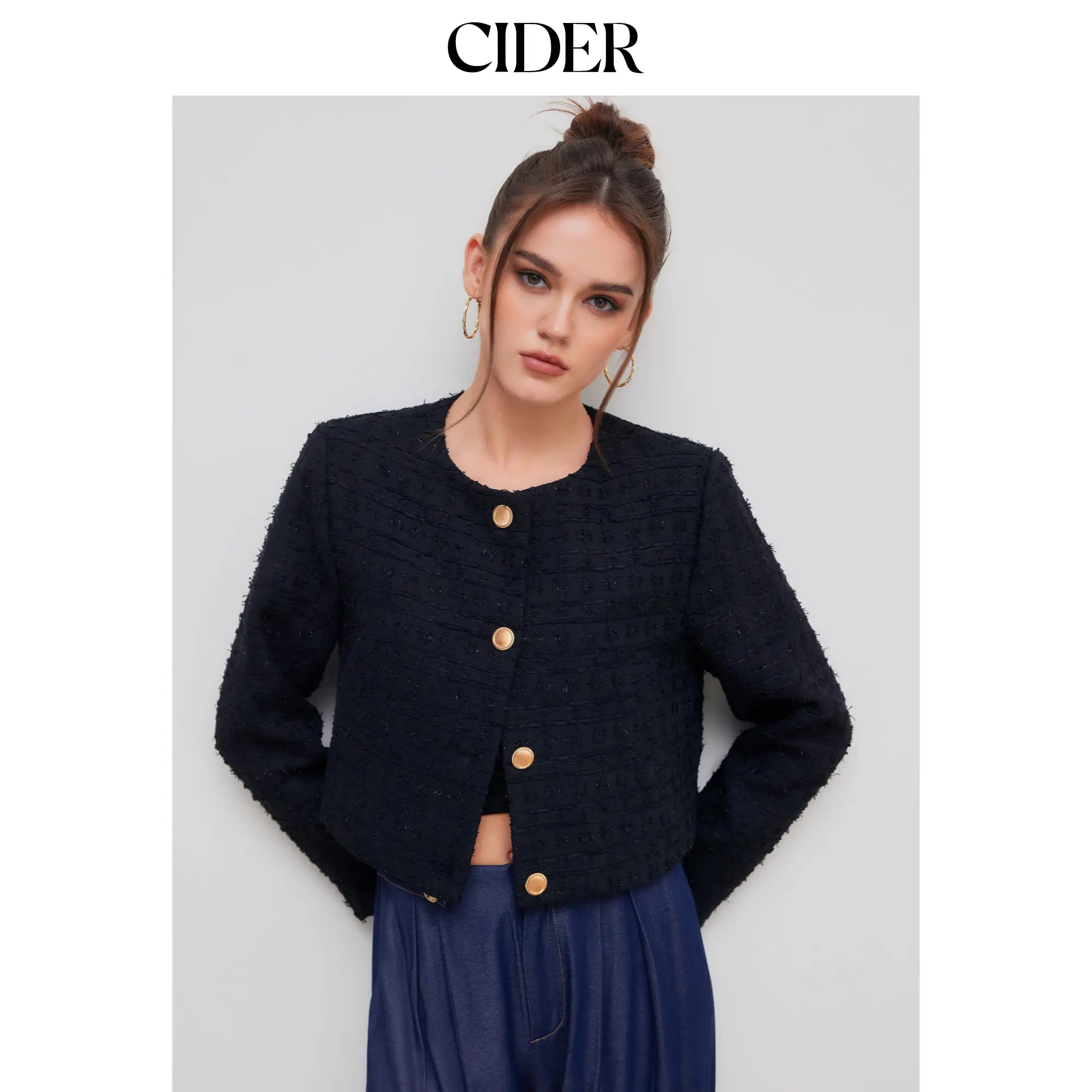 Cider [size 2-10] Tweed Round Neckline Solid Button Jacket SohoChic