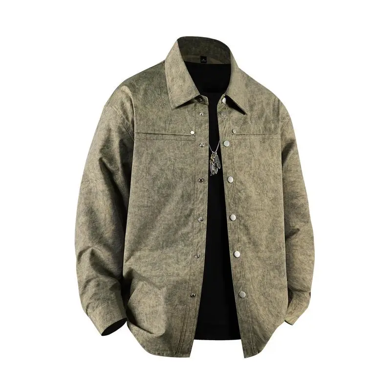 Men Vintage Washed Distressed Long Sleeve Shirt Jacket, Metal Snap Button Lapel Loose Oversized Outerwear, Retro Textured Casual Shacket for Spring Autumn