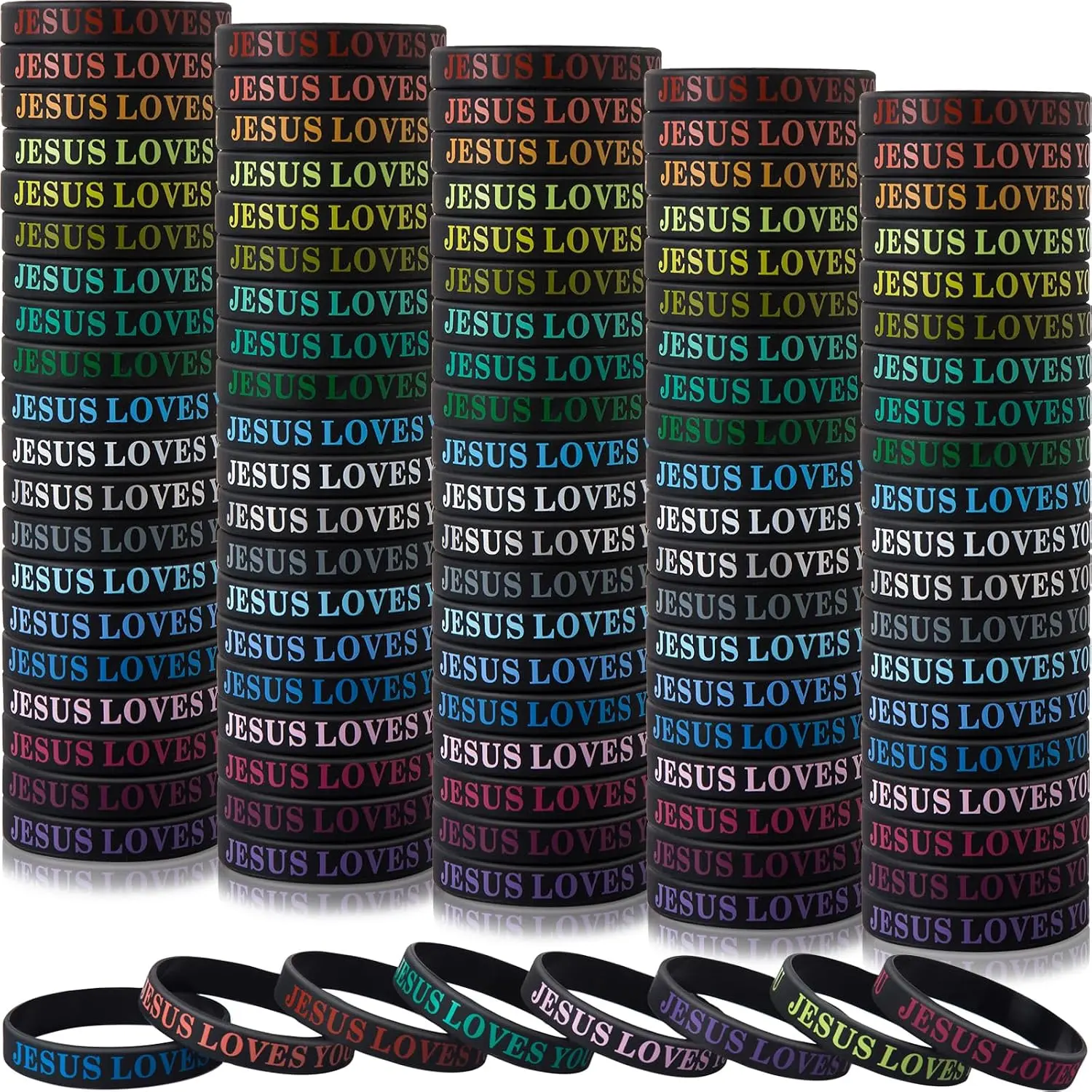 100 count  Loves You Colorful Rubber Bracelets - Christian Rubber Wristbands for Men, Women & Party Favors