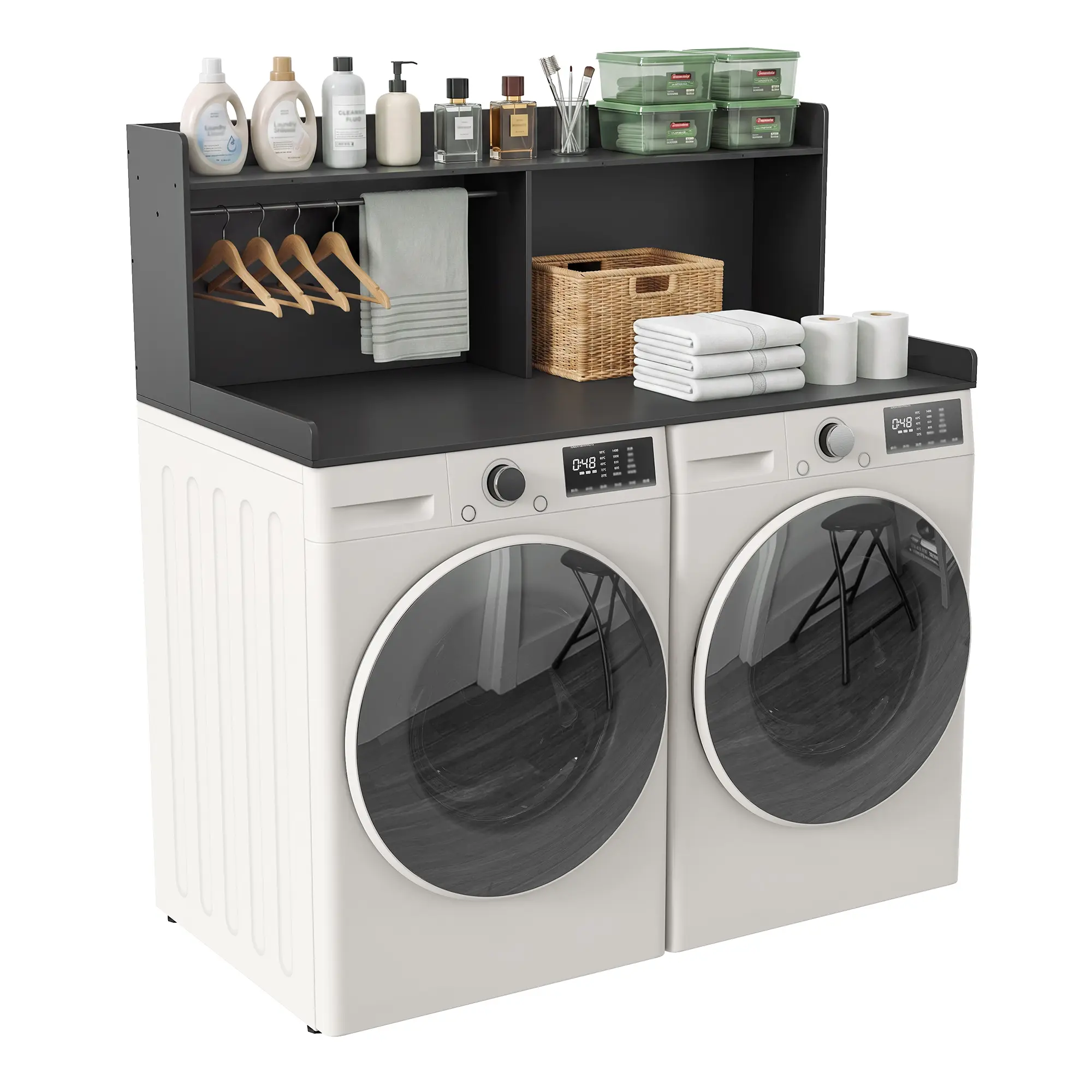Laundry Room Organizer 2 Tier Wood Washer Dryer Countertop with Hanging Rod Space Saving Topper Board for Clothes Folding and Drying