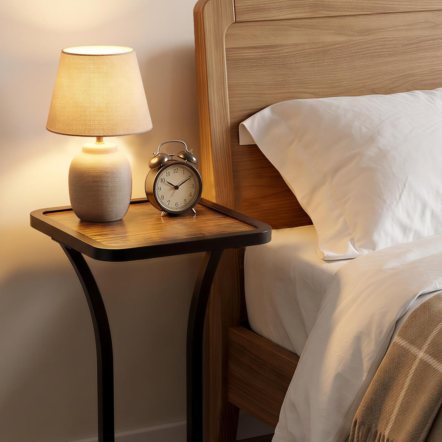 Small Square Side Table, Drink Table, Solid Wood & Metal Accent Table for Small Spaces, Pedestal End Table for Living Room, Bedroom, Office(Black + Walnut)