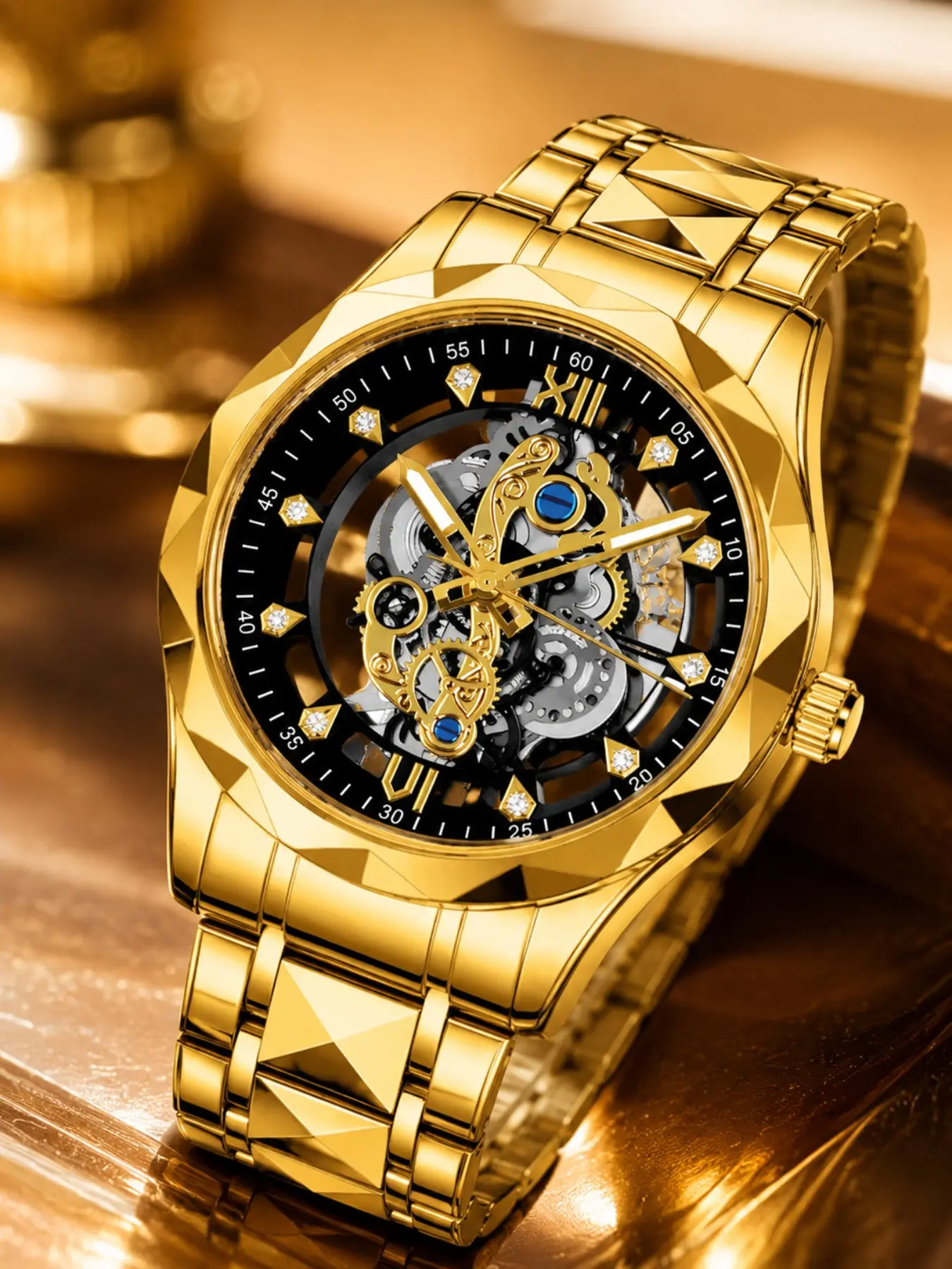 Men's Hollow Mechanical Watch, Multi-Faceted Metal Strap, Transparent Dial, Roman Numerals, Comfortable Fit, Elegant Accessory