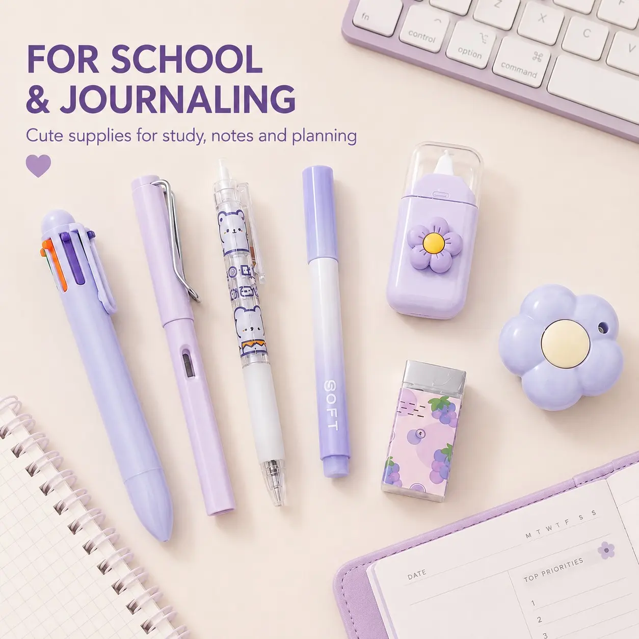 7 PCS Cute Kawaii Stationery Set for Girls, Cartoon School Supplies Kit with Gel Pen, Multi Color Pen, Pencil, Eraser and Correction Tape, Creative Writing Accessories Gift Set for Students, Back to School Halloween Christmas Gift
