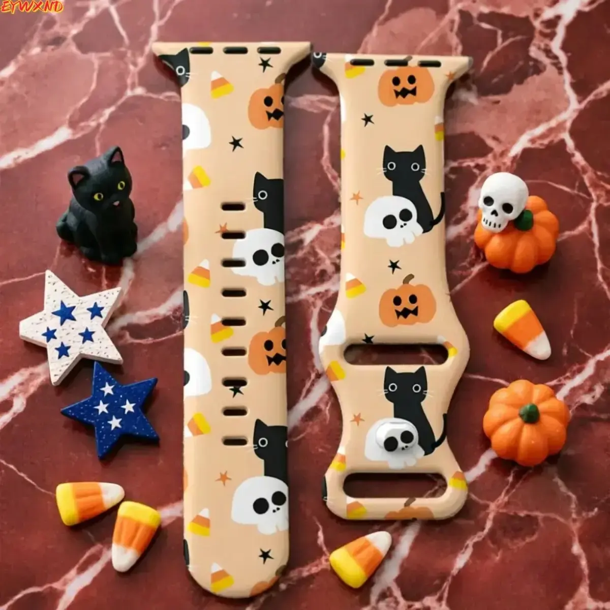 EYWXND Halloween Black Cat Pumpkin Skull Candy Corn Print Silicone Watch Band, Soft Adjustable Replacement Strap Compatible with Apple Watch, Festive Holiday Wrist Accessory for Daily Wear