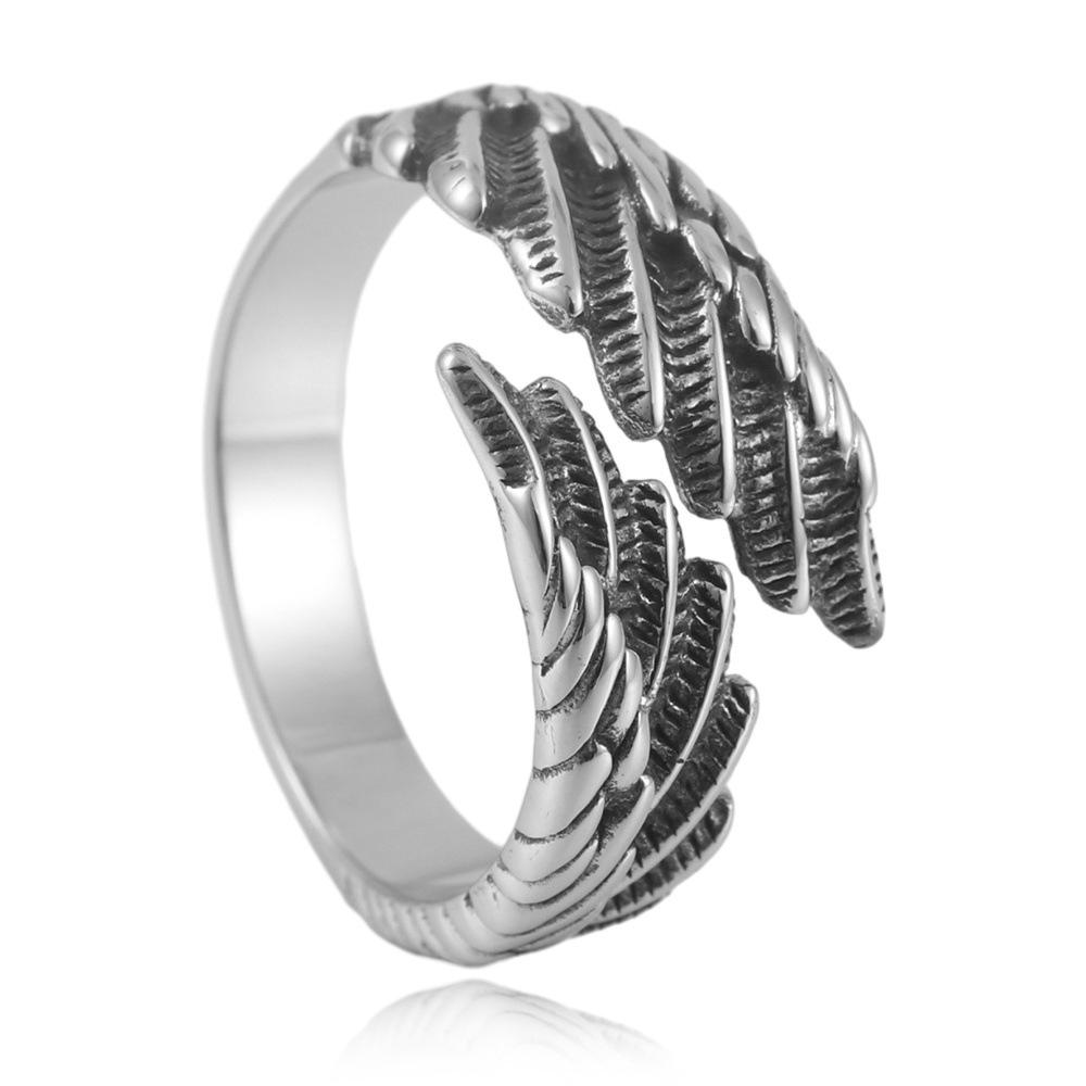 Vintage Punk Wing Ring for Men, Titanium Steel Feather Jewelry, Hypoallergenic & Durable.US sizes 7–13 available to fit most men.