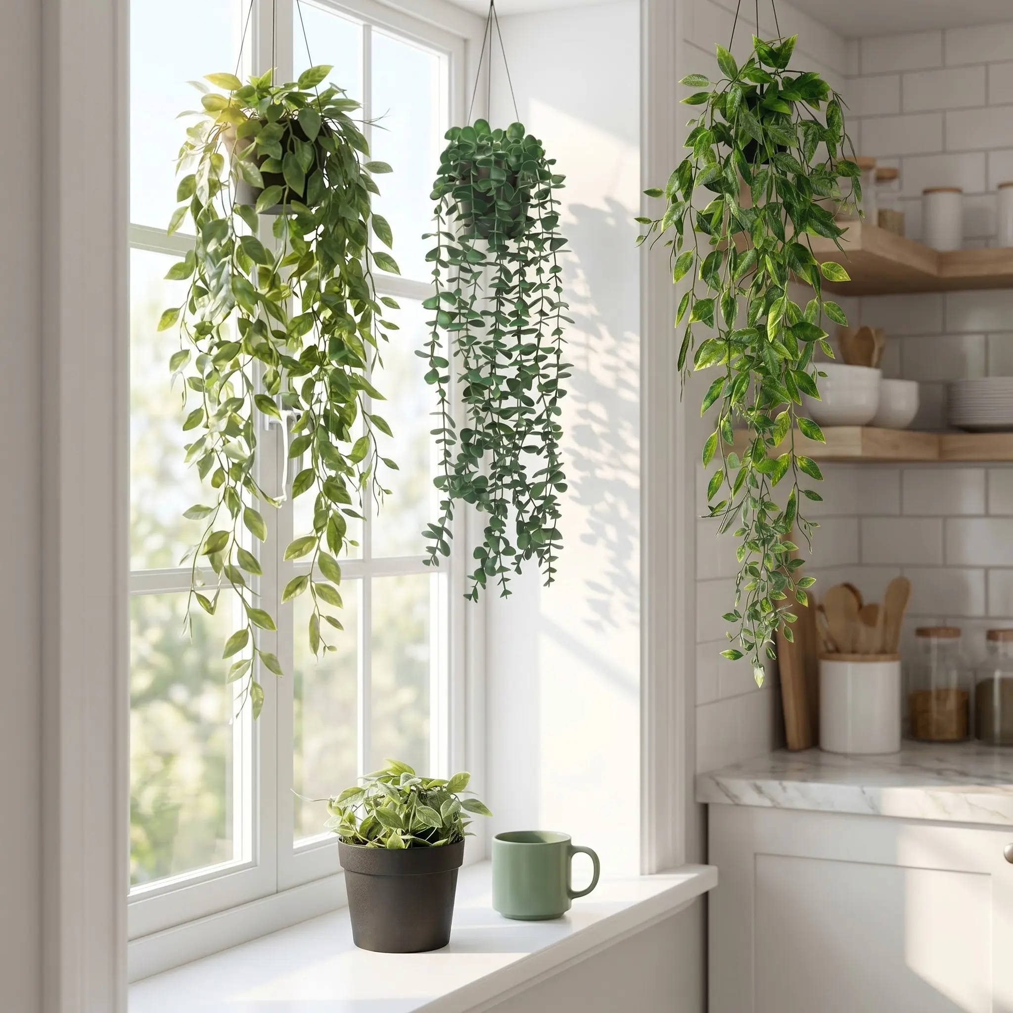3 Pack Artificial Hanging Vines, UV Resistant Decorative Fake Plants Plastic Fake Greenery Faux Greenery Eucalyptus Leaves with Pots for Indoor Outdoor Home Garden Wall Wedding Farmhouse Room Shelf Decor