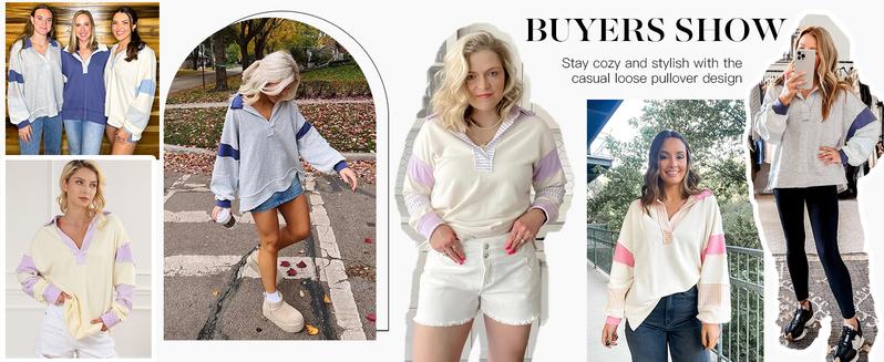 Imily Bela Womens Color Block Oversized Sweatshirt V Neck Long Sleeve Casual Loose Pullover Tops