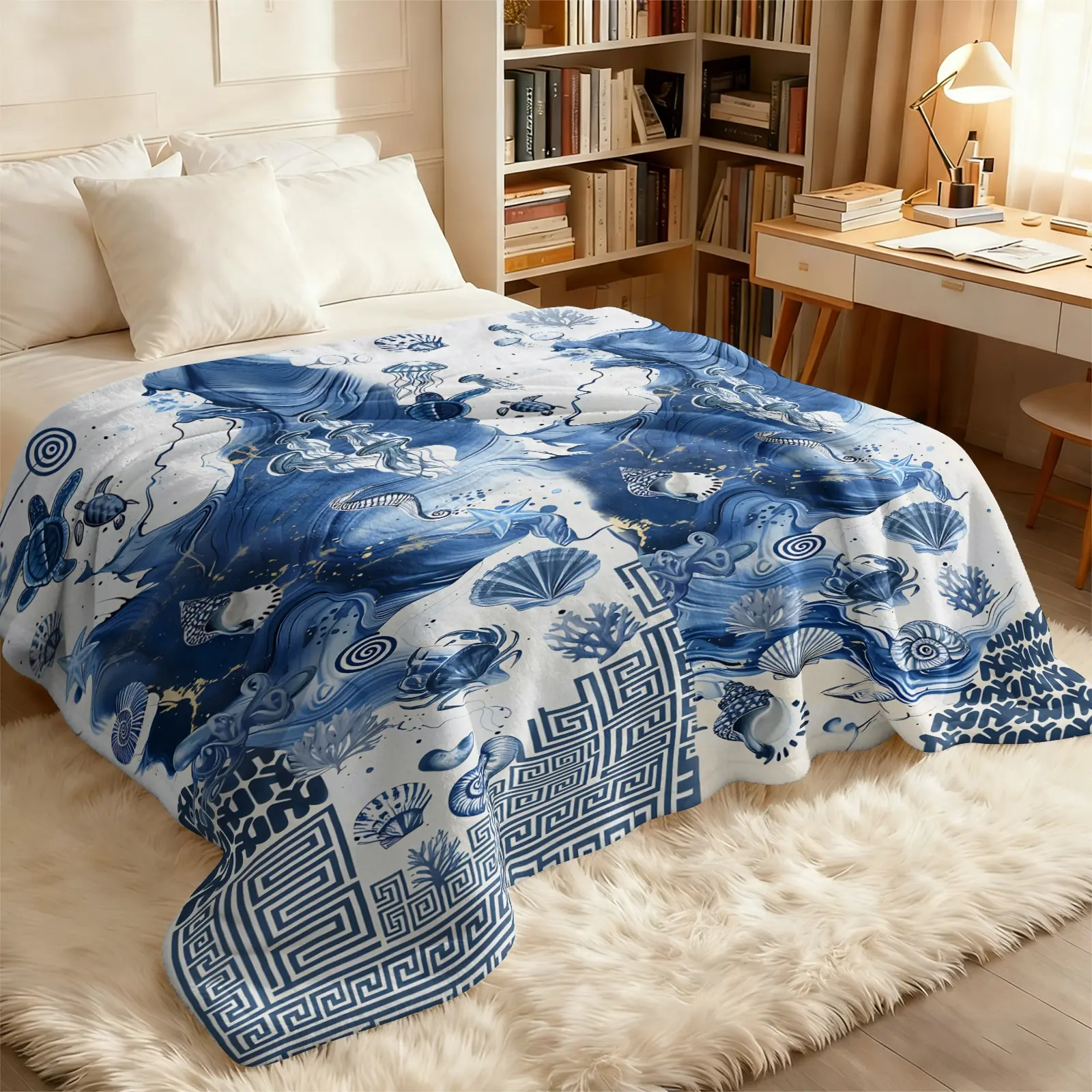 Full Print Blue Ocean Flannel Blanket, Swirl Wave Sea Life Travel Blanket, Breathable Lightweight Compact Foldable Design, Perfect For RV Camping, Outdoor Picnic, Office Nap, Sofa And Bedroom Daily Use
