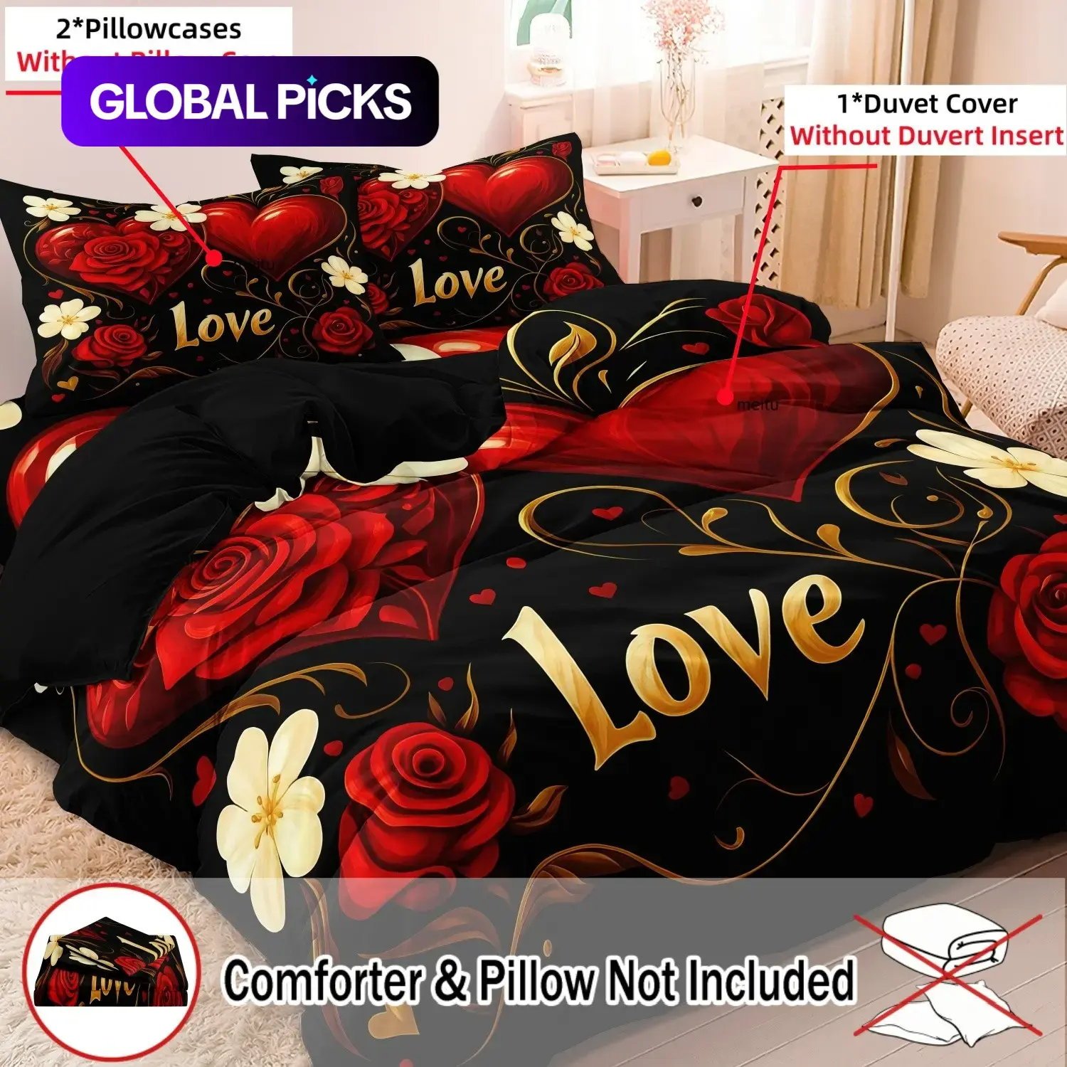 3 PCS Deep Red Rose Heart Design Duvet Cover Set, Bed Covers, Comfy Bedding Sets Decorative Bedding for Bedroom & Hotel, Holiday Gift (1 Duvet Cover + 2 Pillowcases, No Comforter, No Pillow Insert) #GLOBAL PICKS