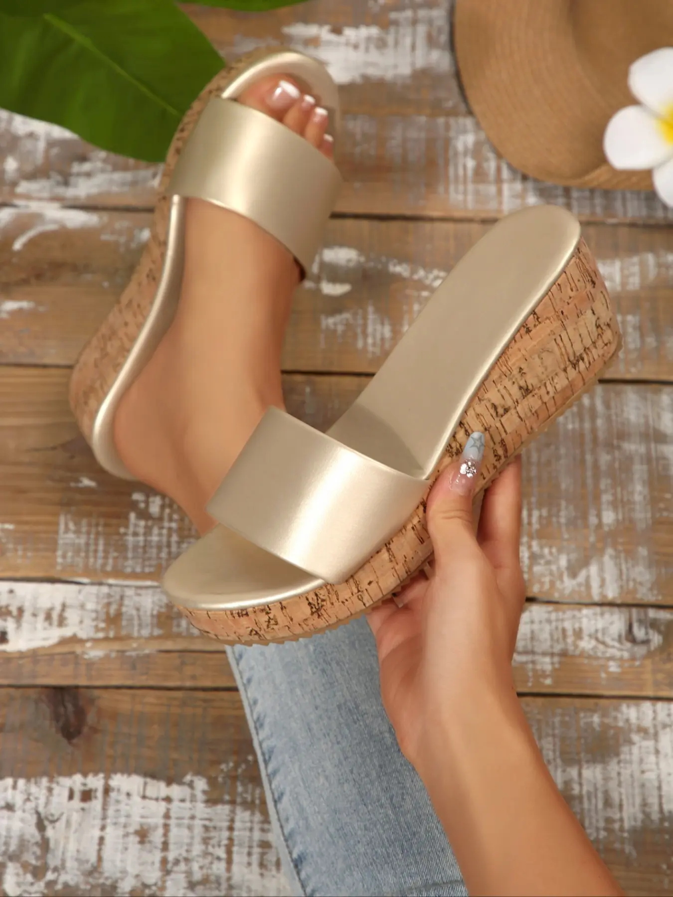 Women's Single Strap Cork Wedge Mules, Casual Summer Shoes, Minimalist & Chic Design #WedgeMules #CorkSole #SingleStrap #WomensFootwear