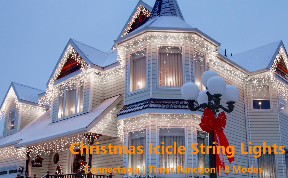 BASIC SUPPLY Christmas Icicle Lights - 65FT String Lights Outdoor Waterproof, 8 Modes Timer Connectable Plug-in String Light for Eaves, Roofs, Christmas Decorations