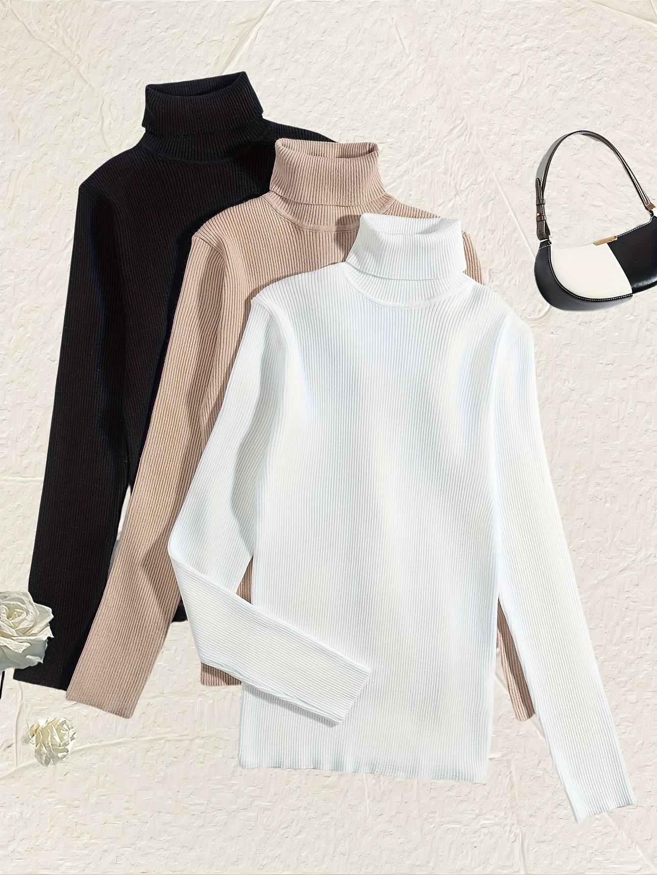 Women's 3-Pack Long-Sleeve Knitted Turtleneck Pullover Sweaters - Solid Color, Casual Fall Winter Basic High-Neck Clothes