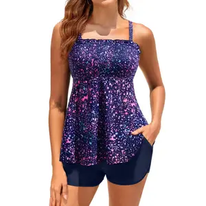 Yonique Flowy Tankini with Shorts - Tummy Control Two Piece Swimsuit with Pockets Smocked Bandeau Bathing Suit 2026 Swimwear  SwimWeek  summervibes