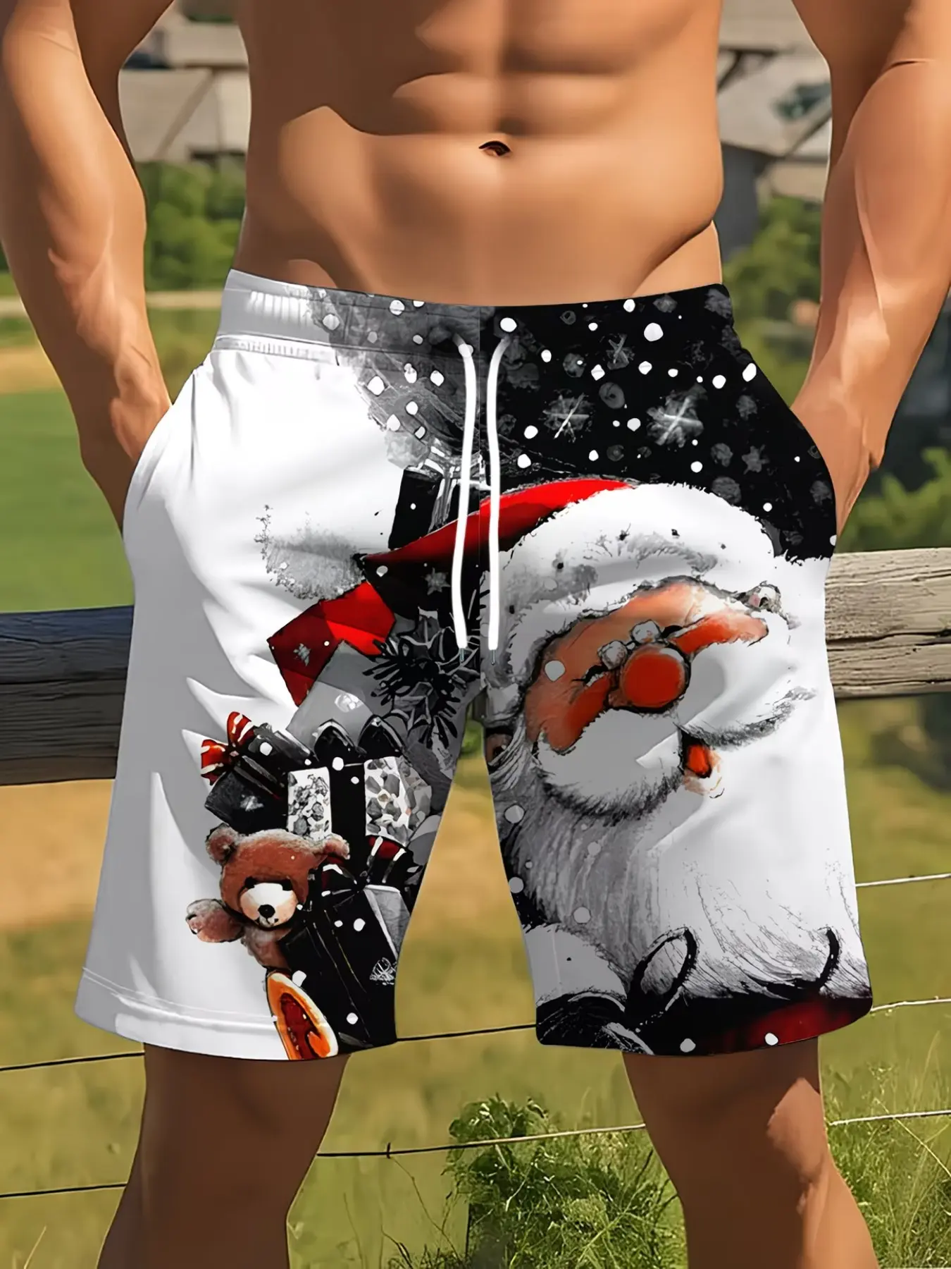 Trendy Fun! Men's Christmas Element Print Shorts, Unique Design, Perfect for Festive, Comfortable and Stylish